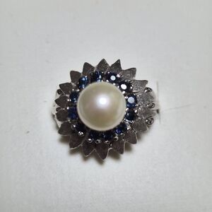 Macy's 14K White Gold and Pearl Ring With Sapphires